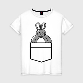 Женская футболка хлопок с принтом Зайчик в кармашке в Белгороде, 100% хлопок | прямой крой, круглый вырез горловины, длина до линии бедер, слегка спущенное плечо | животные | зайчик | карман | одежда | прикольные картинки