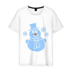 Мужская футболка хлопок с принтом Веселый снеговичек в Белгороде, 100% хлопок | прямой крой, круглый вырез горловины, длина до линии бедер, слегка спущенное плечо. | веселый снеговичек | зима | новый год | снеговик | снеговичек | снежинка