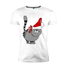 Мужская футболка премиум с принтом Кот в шапке в Белгороде, 92% хлопок, 8% лайкра | приталенный силуэт, круглый вырез ворота, длина до линии бедра, короткий рукав | киса | колпак | кот | кот в шапке | кошка | новый год | шапка