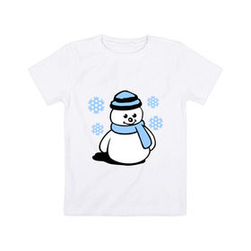 Детская футболка хлопок с принтом Снеговик в Белгороде, 100% хлопок | круглый вырез горловины, полуприлегающий силуэт, длина до линии бедер | зима | новый год | снег | снеговик | снежинки | шарф
