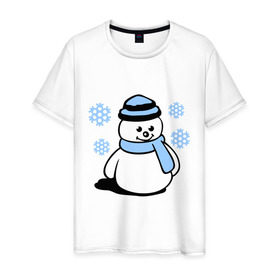 Мужская футболка хлопок с принтом Снеговик в Белгороде, 100% хлопок | прямой крой, круглый вырез горловины, длина до линии бедер, слегка спущенное плечо. | зима | новый год | снег | снеговик | снежинки | шарф