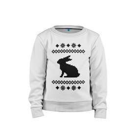 Детский свитшот хлопок с принтом Свитер с зайцем в Белгороде, 100% хлопок | круглый вырез горловины, эластичные манжеты, пояс и воротник | Тематика изображения на принте: заяц | свитер | свитер с зайцем | снежинки | узор