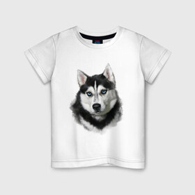 Детская футболка хлопок с принтом Хаски в Белгороде, 100% хлопок | круглый вырез горловины, полуприлегающий силуэт, длина до линии бедер | Тематика изображения на принте: animals | dog | mountain | животные | прикольные картинки | собака | хаски