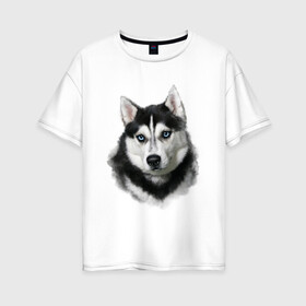 Женская футболка хлопок Oversize с принтом Хаски в Белгороде, 100% хлопок | свободный крой, круглый ворот, спущенный рукав, длина до линии бедер
 | animals | dog | mountain | животные | прикольные картинки | собака | хаски
