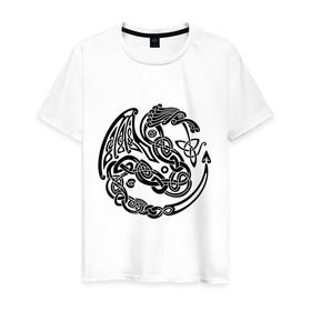 Мужская футболка хлопок с принтом Кельтский дракон в Белгороде, 100% хлопок | прямой крой, круглый вырез горловины, длина до линии бедер, слегка спущенное плечо. | вязь | дракон | кельтский | кельты | трайбл | узор