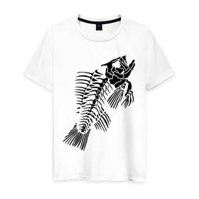 Мужская футболка хлопок с принтом Рыбий скелет в Белгороде, 100% хлопок | прямой крой, круглый вырез горловины, длина до линии бедер, слегка спущенное плечо. | Тематика изображения на принте: скелет