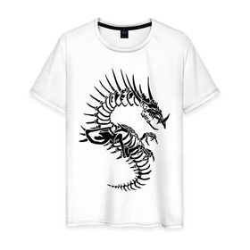 Мужская футболка хлопок с принтом Костяной дракон (скелет) в Белгороде, 100% хлопок | прямой крой, круглый вырез горловины, длина до линии бедер, слегка спущенное плечо. | Тематика изображения на принте: скелет