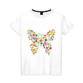 Женская футболка хлопок с принтом Бабочка из цветов в Белгороде, 100% хлопок | прямой крой, круглый вырез горловины, длина до линии бедер, слегка спущенное плечо | бабочка | цветочек