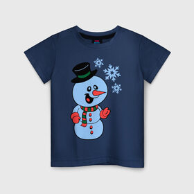 Детская футболка хлопок с принтом Снеговик и снежинки в Белгороде, 100% хлопок | круглый вырез горловины, полуприлегающий силуэт, длина до линии бедер | новый год | снег | снеговик | снеговик и снежинки | снежинка | снежинки