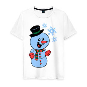 Мужская футболка хлопок с принтом Снеговик и снежинки в Белгороде, 100% хлопок | прямой крой, круглый вырез горловины, длина до линии бедер, слегка спущенное плечо. | новый год | снег | снеговик | снеговик и снежинки | снежинка | снежинки