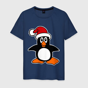 Мужская футболка хлопок с принтом Новогодний пингвин. в Белгороде, 100% хлопок | прямой крой, круглый вырез горловины, длина до линии бедер, слегка спущенное плечо. | пингвин