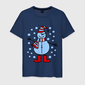 Мужская футболка хлопок с принтом Веселый снеговик в Белгороде, 100% хлопок | прямой крой, круглый вырез горловины, длина до линии бедер, слегка спущенное плечо. | веселый снеговик | зима | новый год | снег | снеговик | снежинки