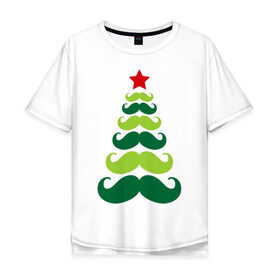 Мужская футболка хлопок Oversize с принтом Елка - усы в Белгороде, 100% хлопок | свободный крой, круглый ворот, “спинка” длиннее передней части | Тематика изображения на принте: елка | елка   усы | звезда | новый год | усы