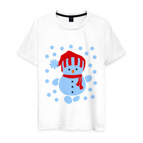 Мужская футболка хлопок с принтом Снеговик и снегопад в Белгороде, 100% хлопок | прямой крой, круглый вырез горловины, длина до линии бедер, слегка спущенное плечо. | новый год | подарок | снег | снеговик | снеговичок | снежок