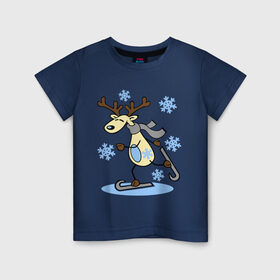 Детская футболка хлопок с принтом Олень на лыжах. в Белгороде, 100% хлопок | круглый вырез горловины, полуприлегающий силуэт, длина до линии бедер | Тематика изображения на принте: лыжи | новогодние подарки | новый год | олененок | олень | подарок на новый год