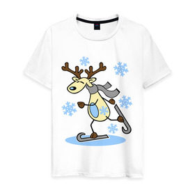 Мужская футболка хлопок с принтом Олень на лыжах. в Белгороде, 100% хлопок | прямой крой, круглый вырез горловины, длина до линии бедер, слегка спущенное плечо. | лыжи | новогодние подарки | новый год | олененок | олень | подарок на новый год