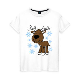 Женская футболка хлопок с принтом Олень в снегу. в Белгороде, 100% хлопок | прямой крой, круглый вырез горловины, длина до линии бедер, слегка спущенное плечо | новогодний подарок | новый год | олень | с новым годом | снег | снежинки