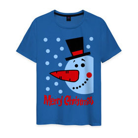 Мужская футболка хлопок с принтом Снеговик в цилиндре в Белгороде, 100% хлопок | прямой крой, круглый вырез горловины, длина до линии бедер, слегка спущенное плечо. | merry christmas | морковка | новогодний подарок | новый год | с новым годом | снег | снеговик | снежинки | цилиндр