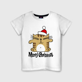 Детская футболка хлопок с принтом Квадратный кот в Белгороде, 100% хлопок | круглый вырез горловины, полуприлегающий силуэт, длина до линии бедер | merry christmas | кот | новогодний колпак | новогодний подарок | новый год | с новым годом