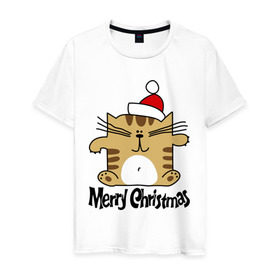 Мужская футболка хлопок с принтом Квадратный кот в Белгороде, 100% хлопок | прямой крой, круглый вырез горловины, длина до линии бедер, слегка спущенное плечо. | merry christmas | кот | новогодний колпак | новогодний подарок | новый год | с новым годом