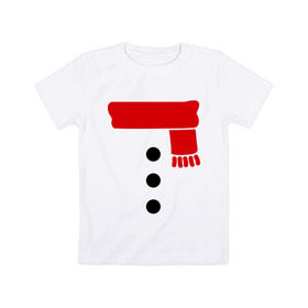 Детская футболка хлопок с принтом Снеговик, пуговицы и шарф в Белгороде, 100% хлопок | круглый вырез горловины, полуприлегающий силуэт, длина до линии бедер | новогодние подарки | новогодний подарок | новый год | снег | снеговик | шарф