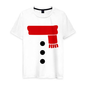 Мужская футболка хлопок с принтом Снеговик, пуговицы и шарф в Белгороде, 100% хлопок | прямой крой, круглый вырез горловины, длина до линии бедер, слегка спущенное плечо. | новогодние подарки | новогодний подарок | новый год | снег | снеговик | шарф