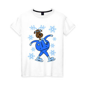 Женская футболка хлопок с принтом Олень на коньках в Белгороде, 100% хлопок | прямой крой, круглый вырез горловины, длина до линии бедер, слегка спущенное плечо | коньки | новогодний подарок | олень | олень и снег | олень на коньках | с новым годом | снежинки