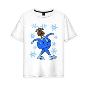 Женская футболка хлопок Oversize с принтом Олень на коньках в Белгороде, 100% хлопок | свободный крой, круглый ворот, спущенный рукав, длина до линии бедер
 | коньки | новогодний подарок | олень | олень и снег | олень на коньках | с новым годом | снежинки