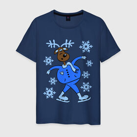 Мужская футболка хлопок с принтом Олень на коньках в Белгороде, 100% хлопок | прямой крой, круглый вырез горловины, длина до линии бедер, слегка спущенное плечо. | коньки | новогодний подарок | олень | олень и снег | олень на коньках | с новым годом | снежинки