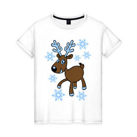 Женская футболка хлопок с принтом Олень и снег в Белгороде, 100% хлопок | прямой крой, круглый вырез горловины, длина до линии бедер, слегка спущенное плечо | 2014 год | новогодний подарок | новый год | олень | олень и снег | с новым годом | снег | снежинки