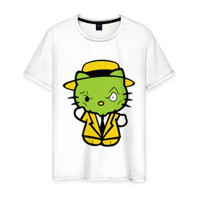Мужская футболка хлопок с принтом Kitty Mask в Белгороде, 100% хлопок | прямой крой, круглый вырез горловины, длина до линии бедер, слегка спущенное плечо. | kitty mask | зеленая кошка | кошки | маска