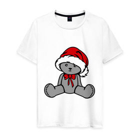 Мужская футболка хлопок с принтом Мишка в новогодней шапке в Белгороде, 100% хлопок | прямой крой, круглый вырез горловины, длина до линии бедер, слегка спущенное плечо. | новогодний | рождество