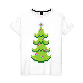 Женская футболка хлопок с принтом Пиксельная елка в Белгороде, 100% хлопок | прямой крой, круглый вырез горловины, длина до линии бедер, слегка спущенное плечо | 8 bit | елочка | ель | новогодняя елка | пиксели | пиксельный | с новым годом | с рождеством