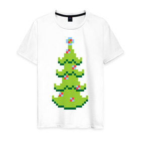 Мужская футболка хлопок с принтом Пиксельная елка в Белгороде, 100% хлопок | прямой крой, круглый вырез горловины, длина до линии бедер, слегка спущенное плечо. | 8 bit | елочка | ель | новогодняя елка | пиксели | пиксельный | с новым годом | с рождеством