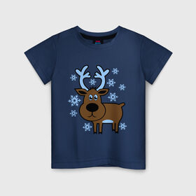 Детская футболка хлопок с принтом Олень и снежинки в Белгороде, 100% хлопок | круглый вырез горловины, полуприлегающий силуэт, длина до линии бедер | новогодний подарок | новый год | олень | олень и снижинки | с новым годом | снег | снежинки