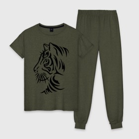 Женская пижама хлопок с принтом Тигр тату в Белгороде, 100% хлопок | брюки и футболка прямого кроя, без карманов, на брюках мягкая резинка на поясе и по низу штанин | татуировки