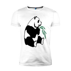 Мужская футболка премиум с принтом Панда и бамбук в Белгороде, 92% хлопок, 8% лайкра | приталенный силуэт, круглый вырез ворота, длина до линии бедра, короткий рукав | бамбук | животные | панда ест бамбук | панда и бамбук