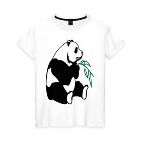 Женская футболка хлопок с принтом Панда и бамбук в Белгороде, 100% хлопок | прямой крой, круглый вырез горловины, длина до линии бедер, слегка спущенное плечо | бамбук | животные | панда ест бамбук | панда и бамбук