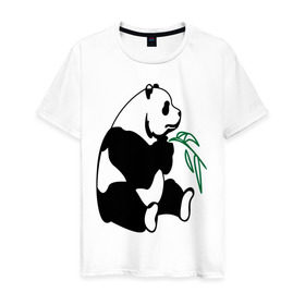 Мужская футболка хлопок с принтом Панда и бамбук в Белгороде, 100% хлопок | прямой крой, круглый вырез горловины, длина до линии бедер, слегка спущенное плечо. | Тематика изображения на принте: бамбук | животные | панда ест бамбук | панда и бамбук