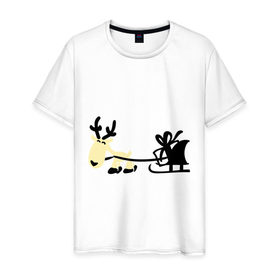 Мужская футболка хлопок с принтом Новогодний олень в Белгороде, 100% хлопок | прямой крой, круглый вырез горловины, длина до линии бедер, слегка спущенное плечо. | новогодний | олень | рождество | сани