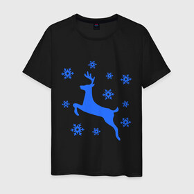 Мужская футболка хлопок с принтом Олень и снежинки в Белгороде, 100% хлопок | прямой крой, круглый вырез горловины, длина до линии бедер, слегка спущенное плечо. | олень и снежинки | праздник | снежинки