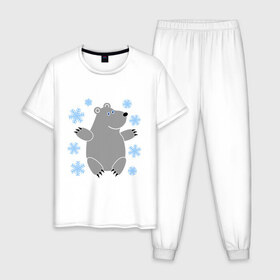 Мужская пижама хлопок с принтом Белый мишка в Белгороде, 100% хлопок | брюки и футболка прямого кроя, без карманов, на брюках мягкая резинка на поясе и по низу штанин
 | белый медведь | белый мишка | животные | мишка с в снежинках | новогодний мишка | новый год