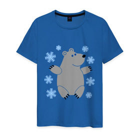 Мужская футболка хлопок с принтом Белый мишка в Белгороде, 100% хлопок | прямой крой, круглый вырез горловины, длина до линии бедер, слегка спущенное плечо. | белый медведь | белый мишка | животные | мишка с в снежинках | новогодний мишка | новый год