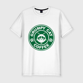 Мужская футболка премиум с принтом Grumpy cat coffee в Белгороде, 92% хлопок, 8% лайкра | приталенный силуэт, круглый вырез ворота, длина до линии бедра, короткий рукав | grumpy cat coffee | антибренд | кот | сердитый кот