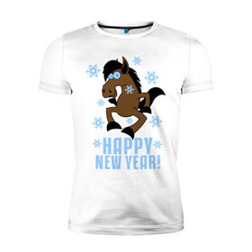 Мужская футболка премиум с принтом Новогодняя Лошадка в Белгороде, 92% хлопок, 8% лайкра | приталенный силуэт, круглый вырез ворота, длина до линии бедра, короткий рукав | happy new year | идеи подарков | конь | лошадка | новогодняя лошадка | новый год | новый год 2014