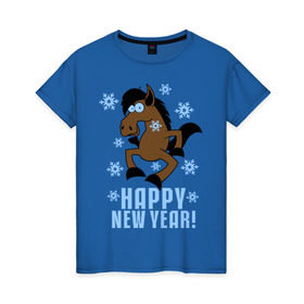 Женская футболка хлопок с принтом Новогодняя Лошадка в Белгороде, 100% хлопок | прямой крой, круглый вырез горловины, длина до линии бедер, слегка спущенное плечо | happy new year | идеи подарков | конь | лошадка | новогодняя лошадка | новый год | новый год 2014