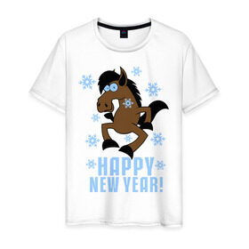 Мужская футболка хлопок с принтом Новогодняя Лошадка в Белгороде, 100% хлопок | прямой крой, круглый вырез горловины, длина до линии бедер, слегка спущенное плечо. | happy new year | идеи подарков | конь | лошадка | новогодняя лошадка | новый год | новый год 2014