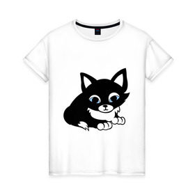 Женская футболка хлопок с принтом Кошечка в Белгороде, 100% хлопок | прямой крой, круглый вырез горловины, длина до линии бедер, слегка спущенное плечо | киска | кошечка | кошка с белым хвостиком | мяу | черная кошка