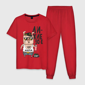 Мужская пижама хлопок с принтом Лихие 90-е в Белгороде, 100% хлопок | брюки и футболка прямого кроя, без карманов, на брюках мягкая резинка на поясе и по низу штанин
 | девяностые | кабан | свинья | хряк