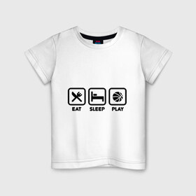 Детская футболка хлопок с принтом Eat Sleep Play (Еда, сон, баскетбол) в Белгороде, 100% хлопок | круглый вырез горловины, полуприлегающий силуэт, длина до линии бедер | вилка | еда | кровать | мяч | нож | сон